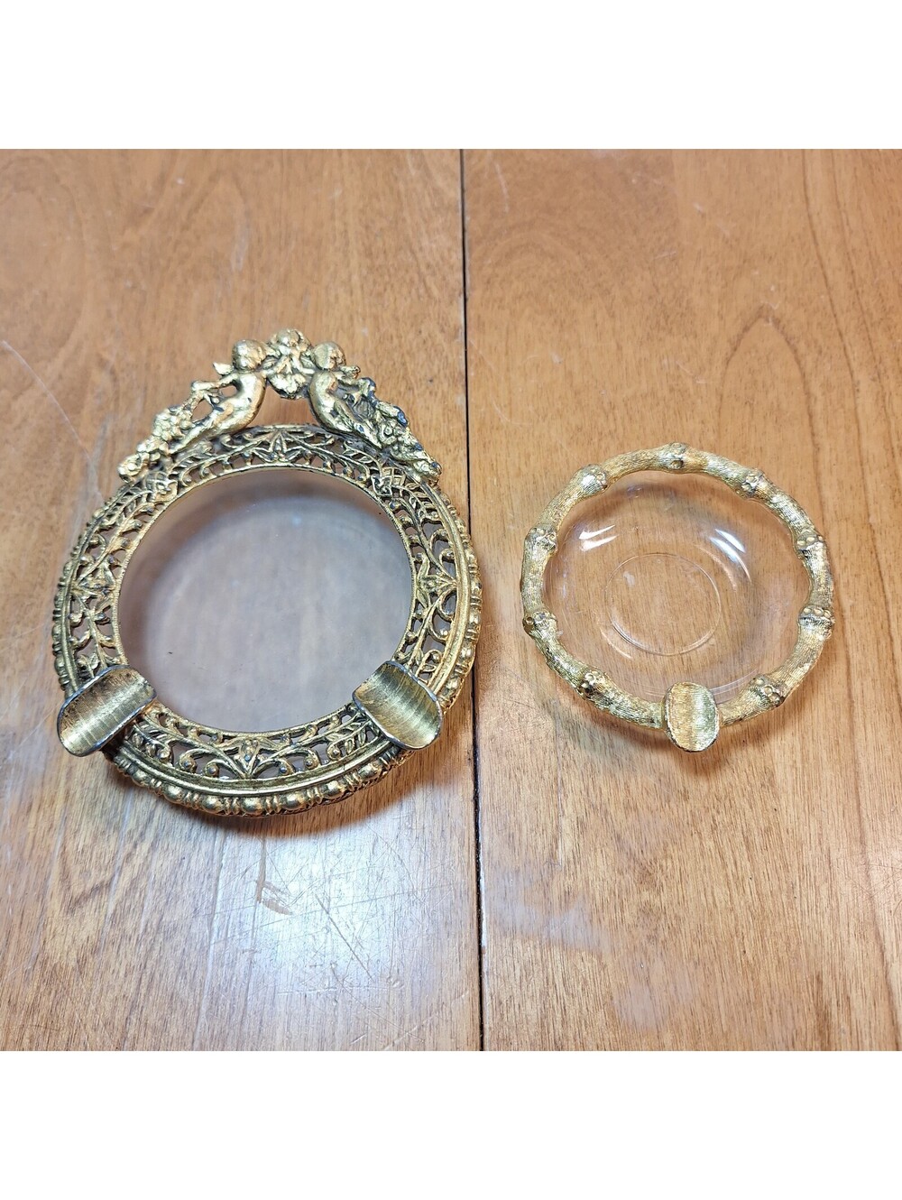 2 Hollywood Regency Glass Ashtrays w/Gold Gilted Rims Bamboo Rim/Cherub Rim VTG
